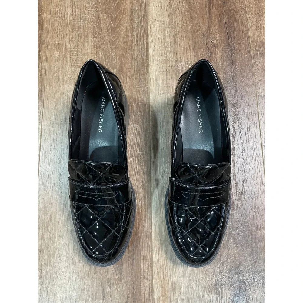 Marc Fisher Dantea Black Patent Leather Quilted Lug Sole Loafers Women Size 8.5M